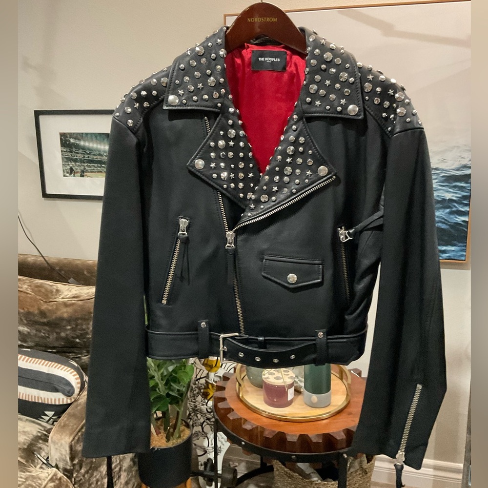 The Kooples Black Studded Leather Biker Jacket with Red Lining